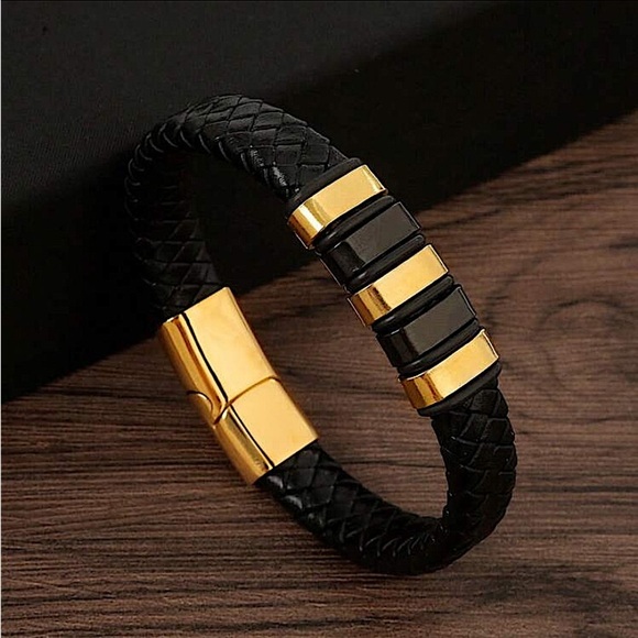BLACK STAINLESS STEEL LEATHER BRACELET SILVER AND GOLD - Picture 2 of 4